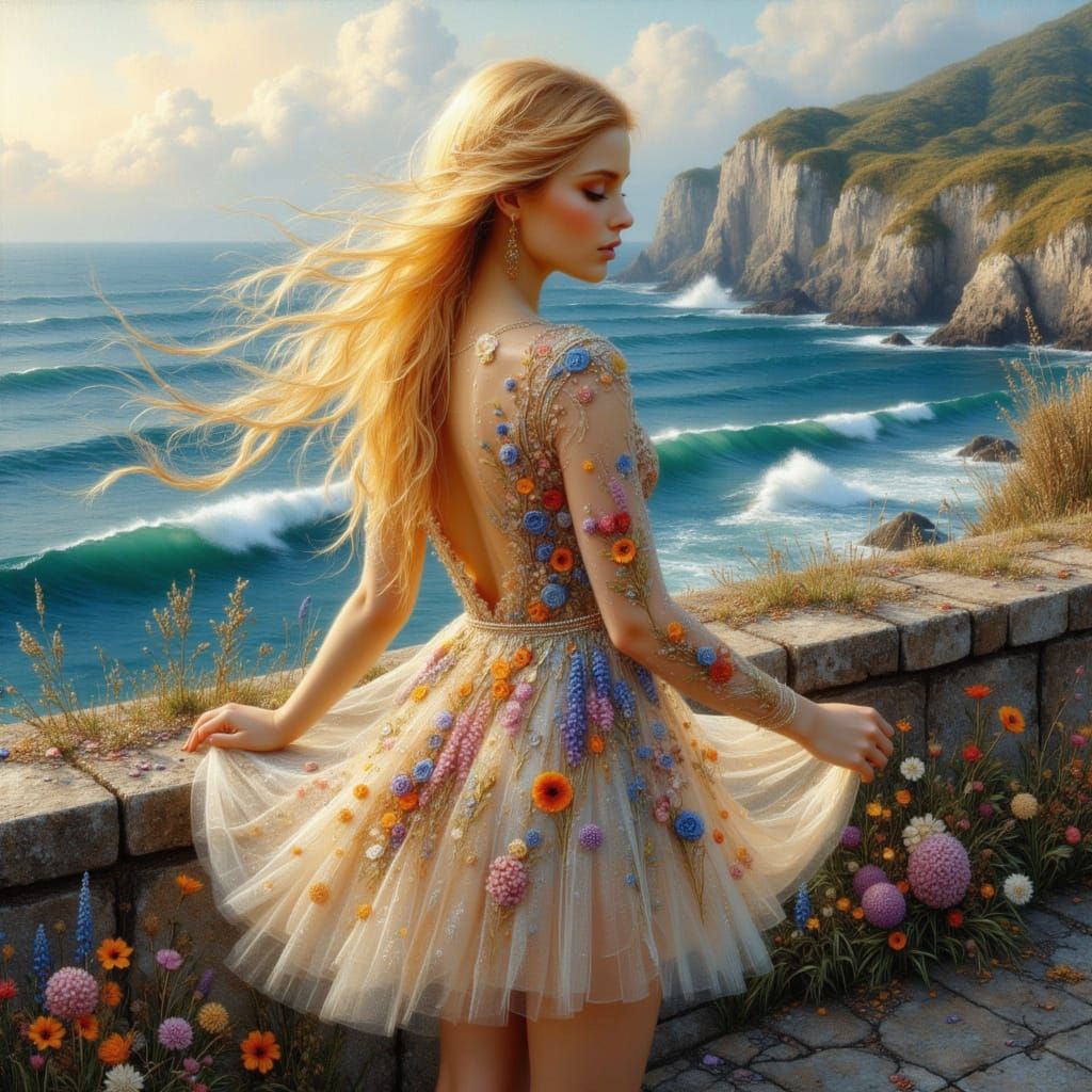 Hyperrealistic Woman in Wildflower Dress on Italian Coast
