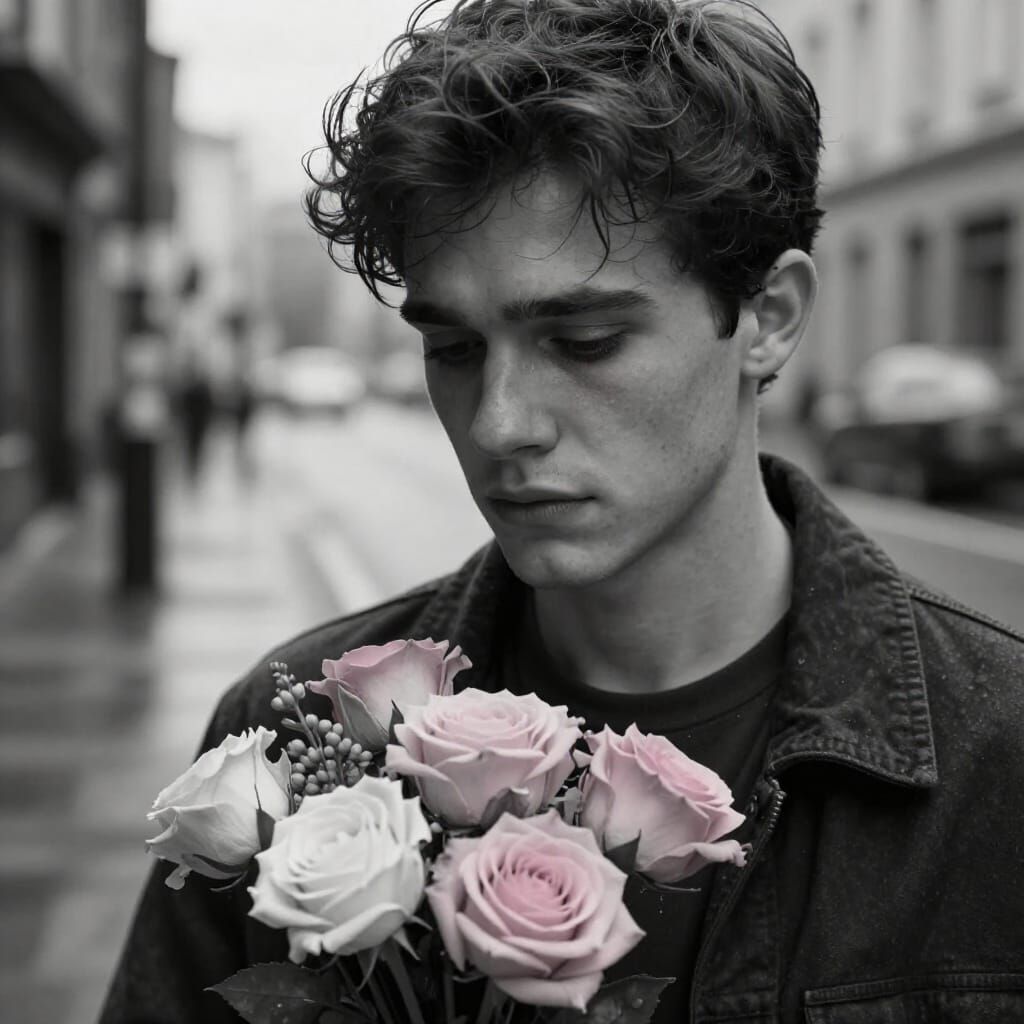 Heartbroken Man in Rain, Selective Color Photography