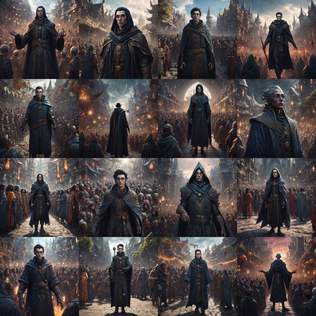 Dark Elf Wizard Mingles with Crowd in Vivid Fantasy Scene