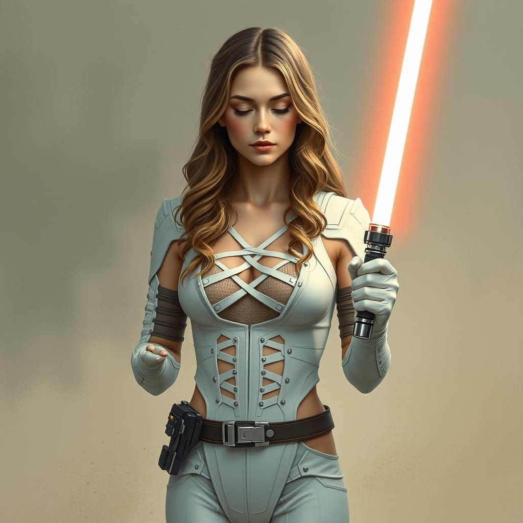 Futuristic Jedi Woman with Lightsaber in Sci-Fi Landscape