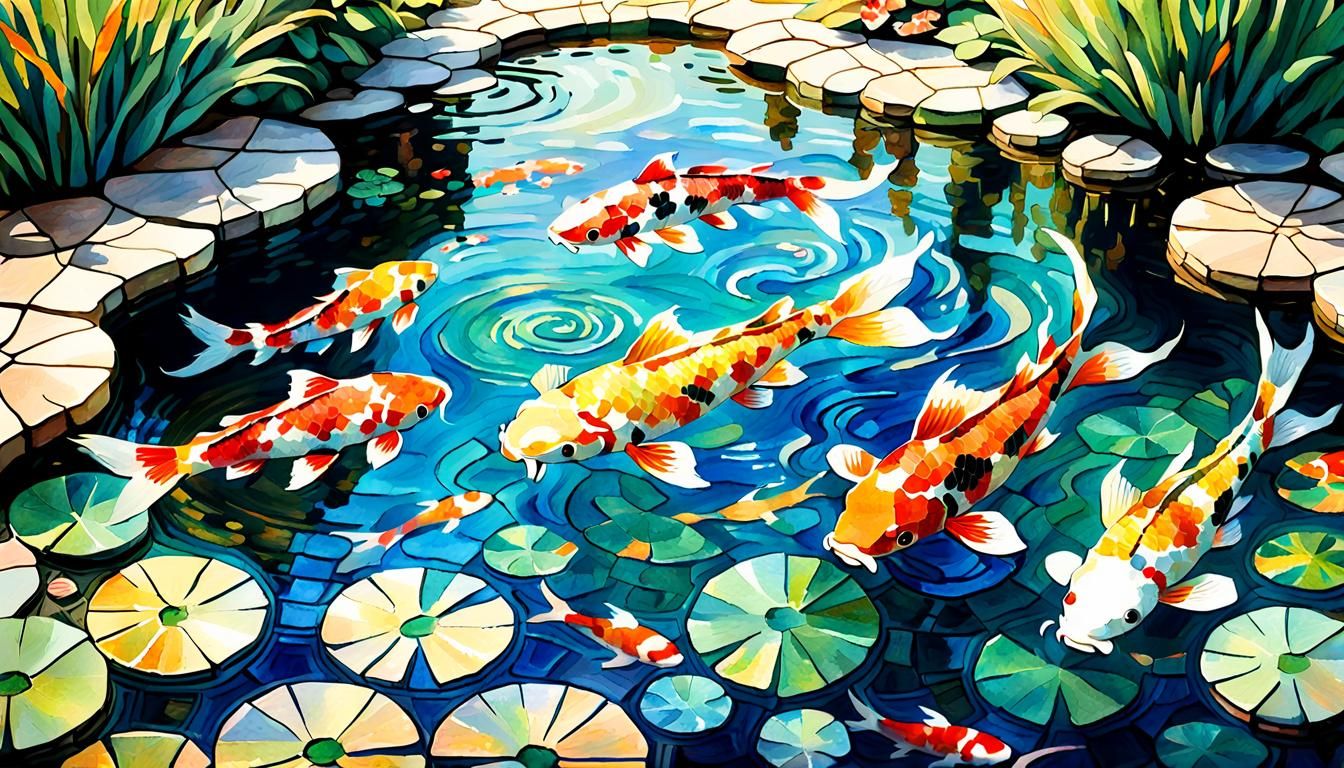 Koi Fish in Pond: Impressionist Mosaic Art