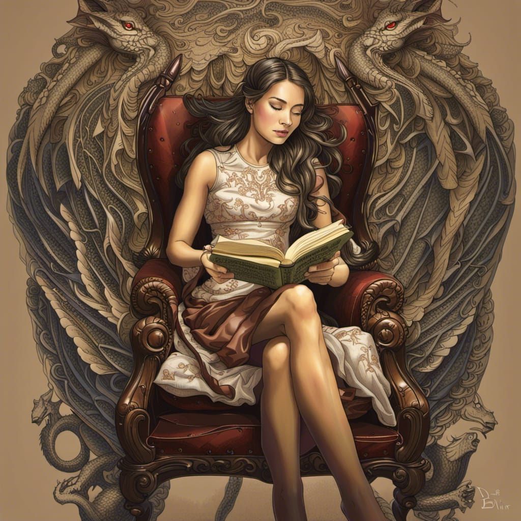 Lady Reading a Book in Chair