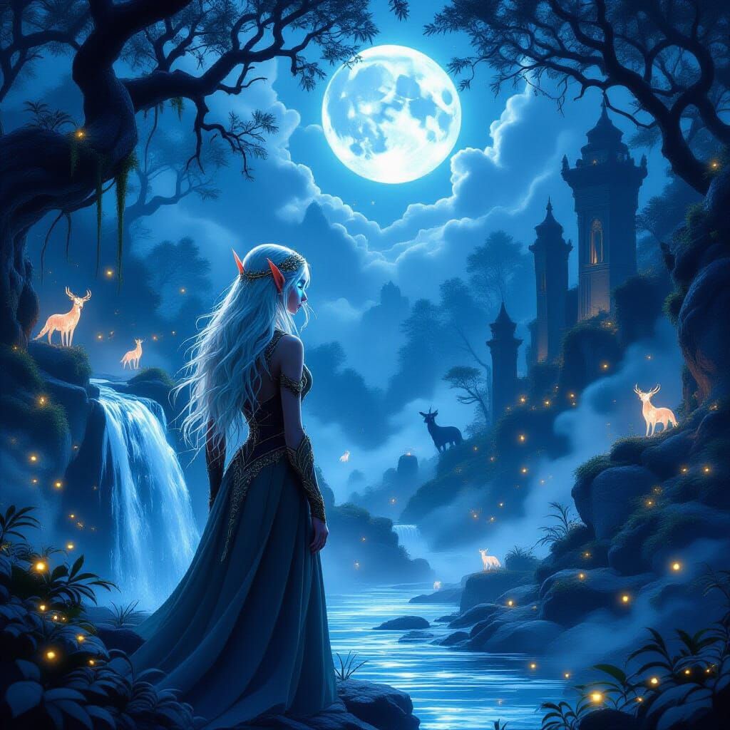 Enchanting Elf in Moonlit Fantasy Forest