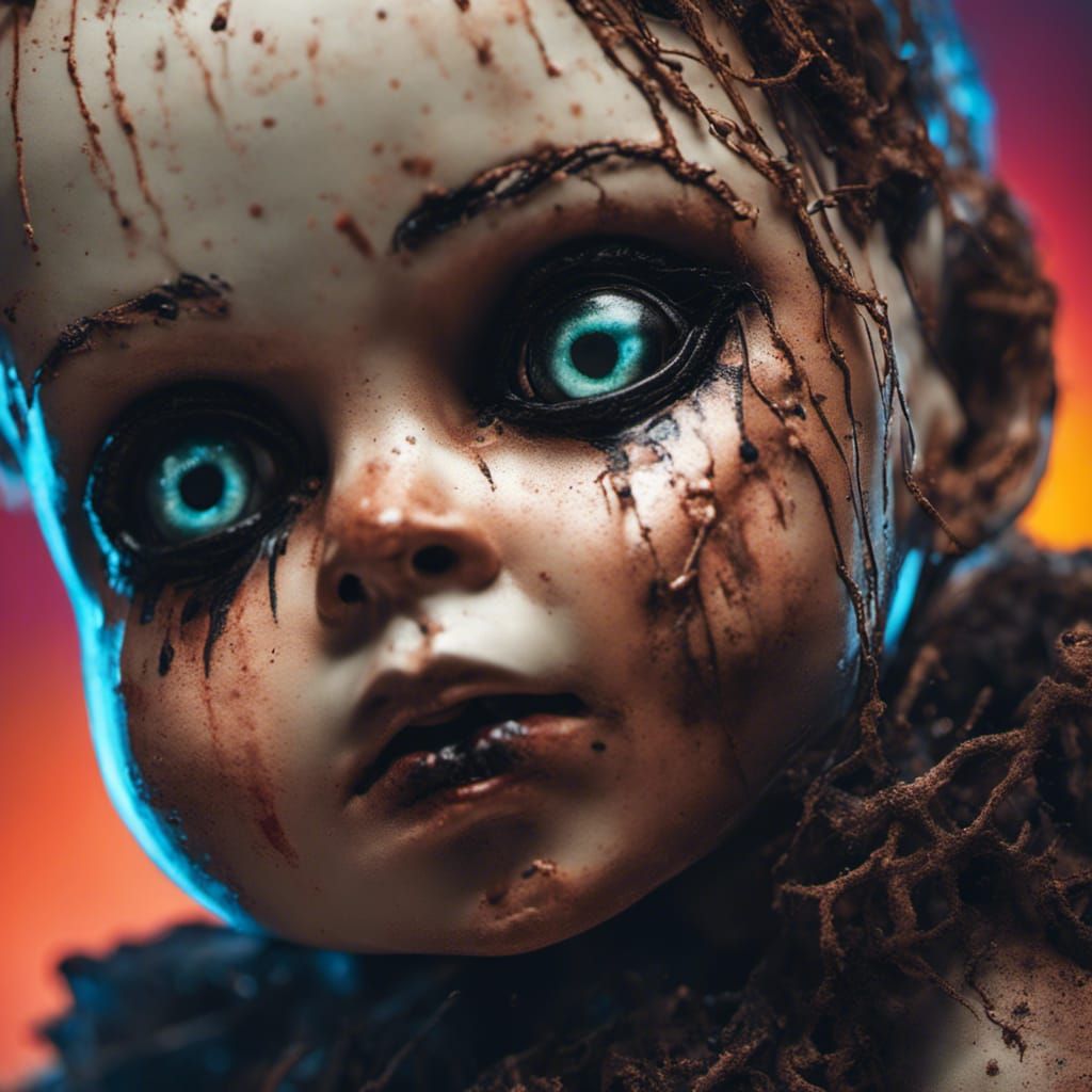 Creepy Black-Eyed Doll in Hyperrealistic Splash Art