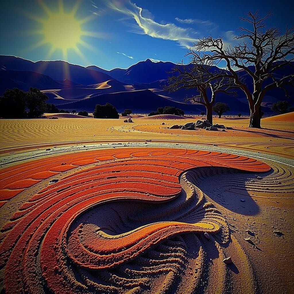 Golden Sand Archimedes Spiral in Desert Sunset