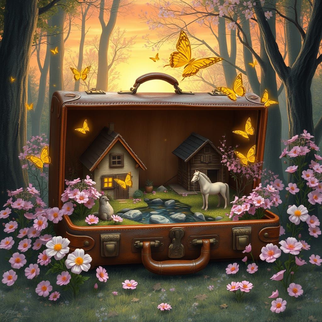 Miniature World Inside Suitcase, Whimsical Illustration