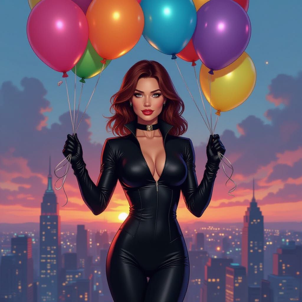 Black Widow with Balloons in Pop Art Style