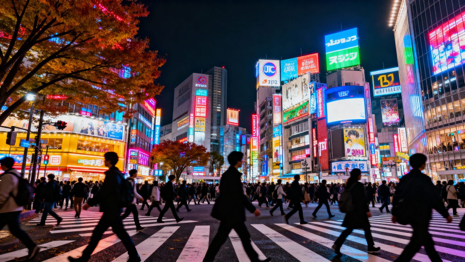 Shibuya Crossing at Night: Neon Lights and Bustling Crowds