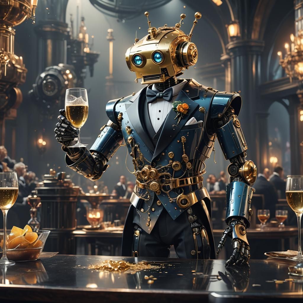 Robot in Tuxedo with Champagne: Fantasy Art