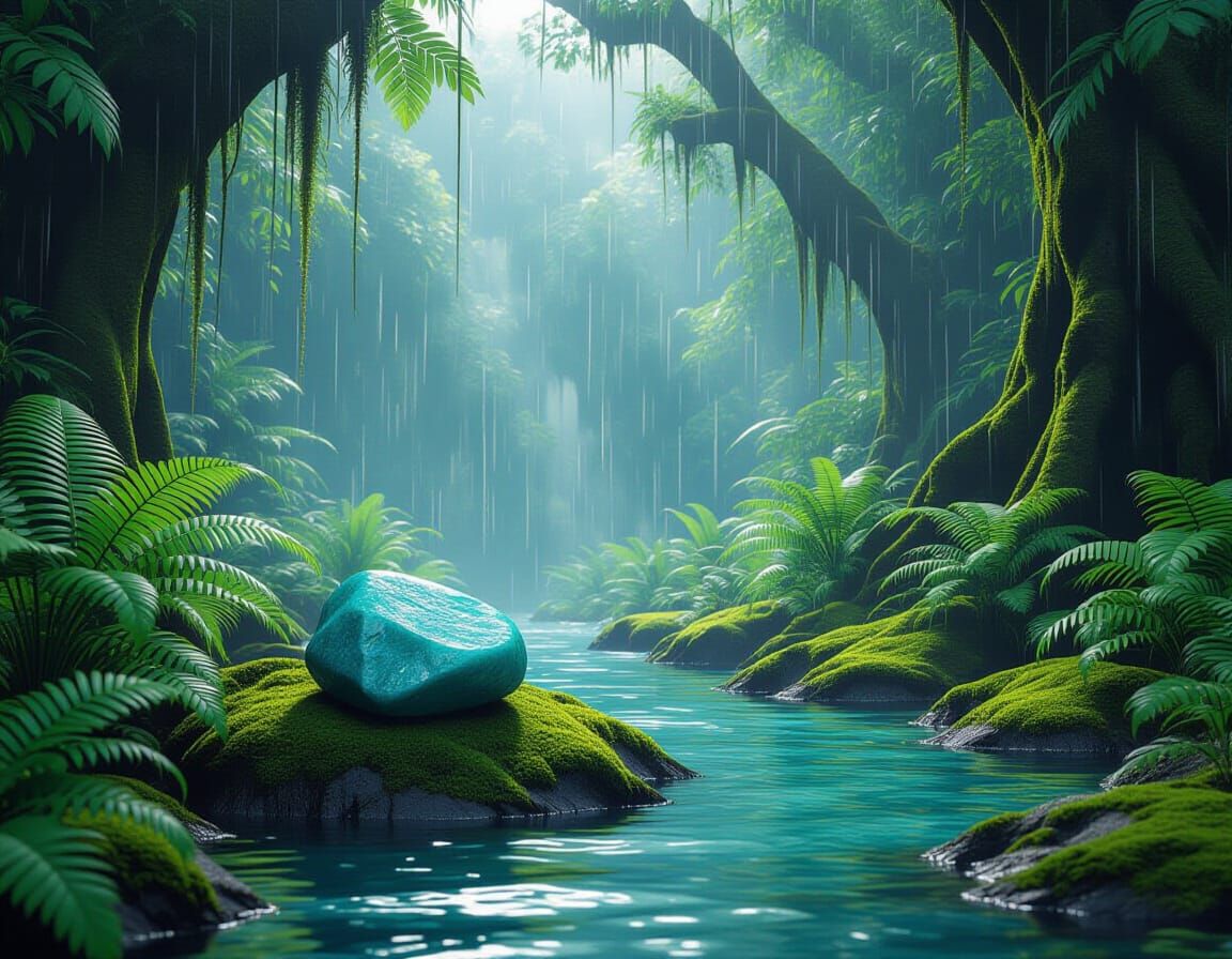 Amazonite on Riverbed in Mystical Rainforest