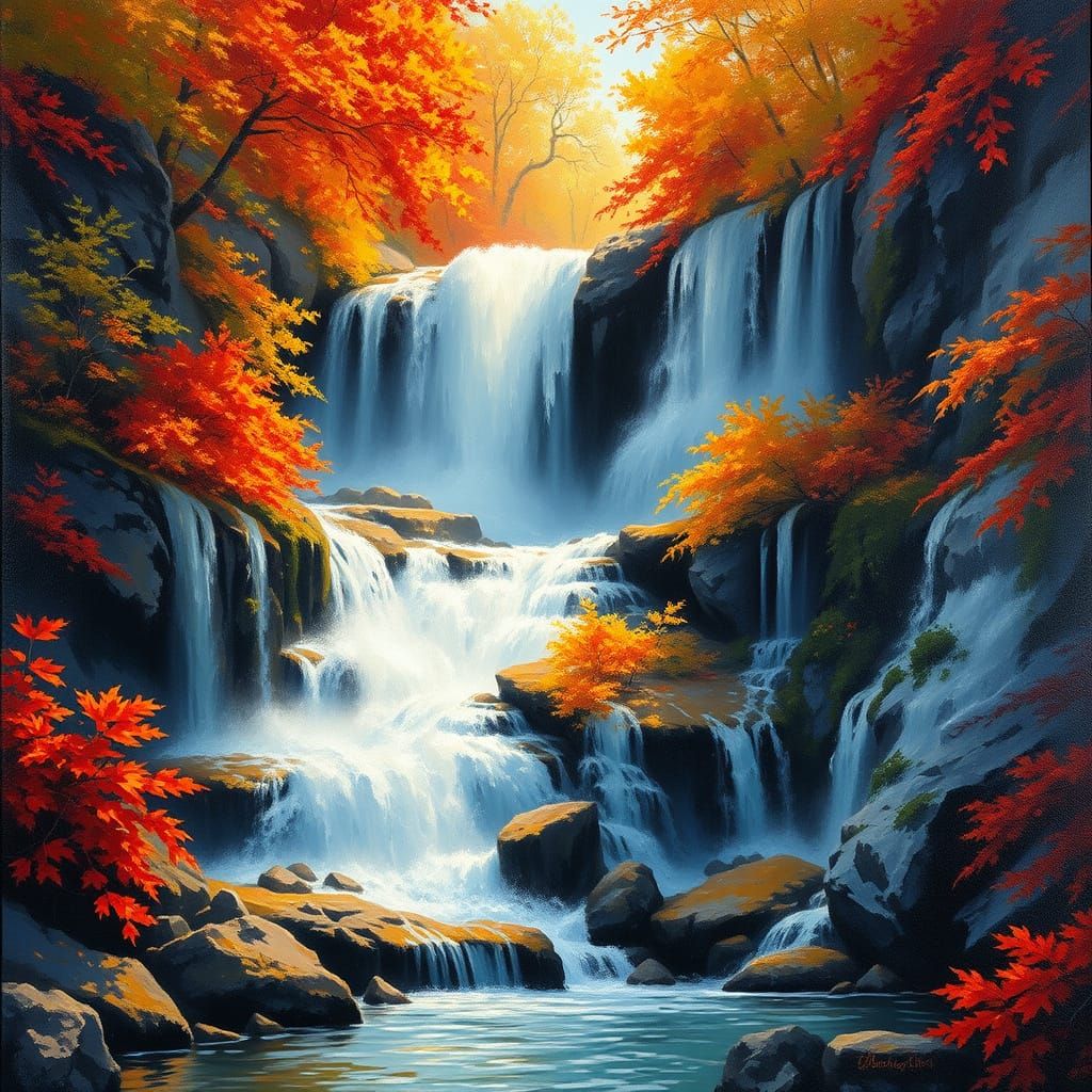 Autumn Waterfalls in Impasto Oil Painting Style