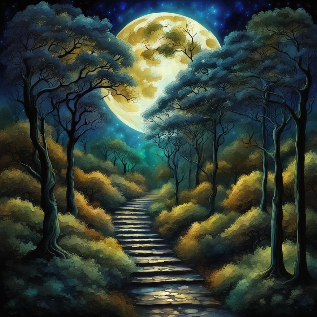 Moonlit Arabesque Forest in Alcohol Ink Style