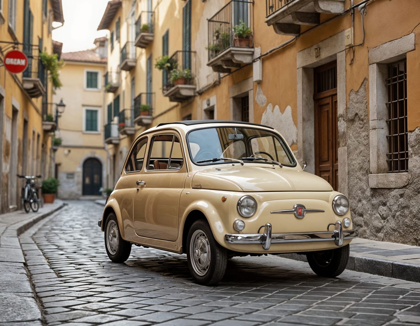 Classic Beige Fiat 500 in European City Street