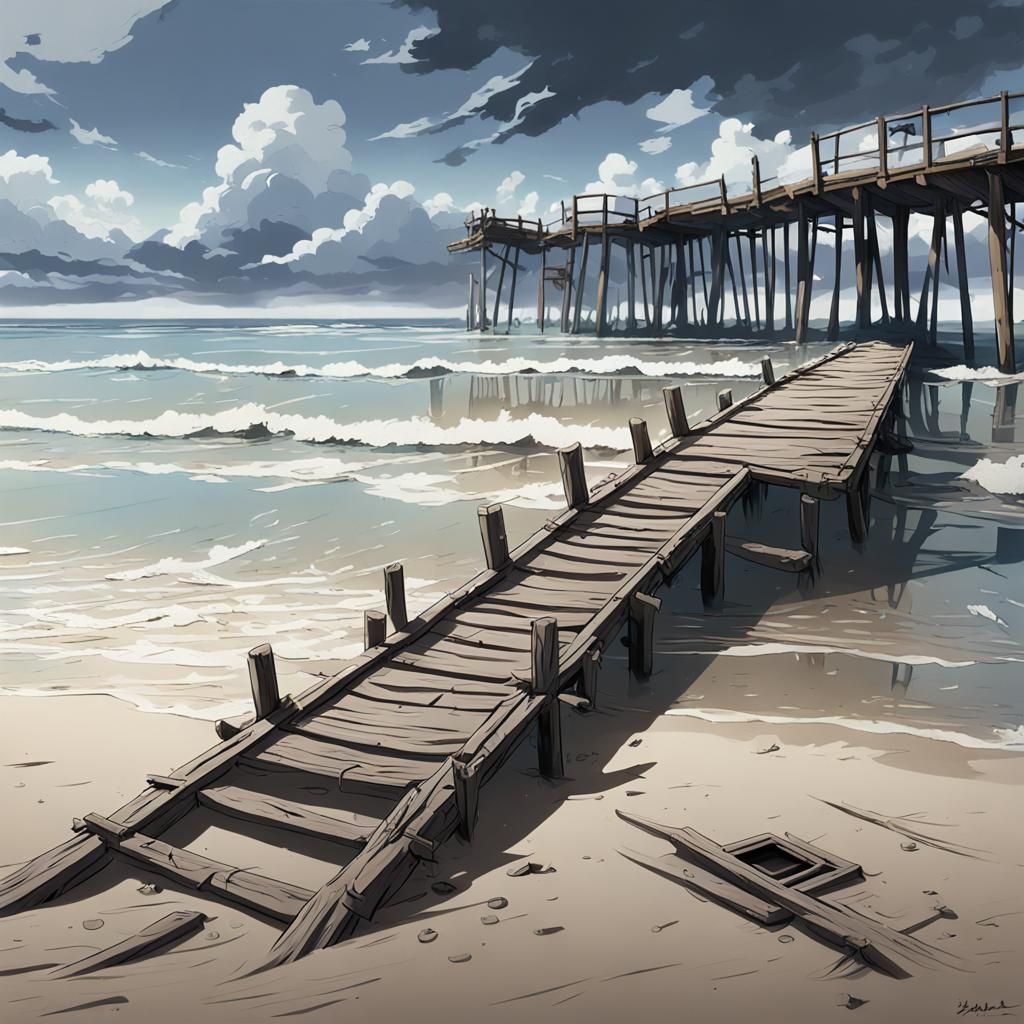 Decaying Pier and Abandoned Boat in Anime Style