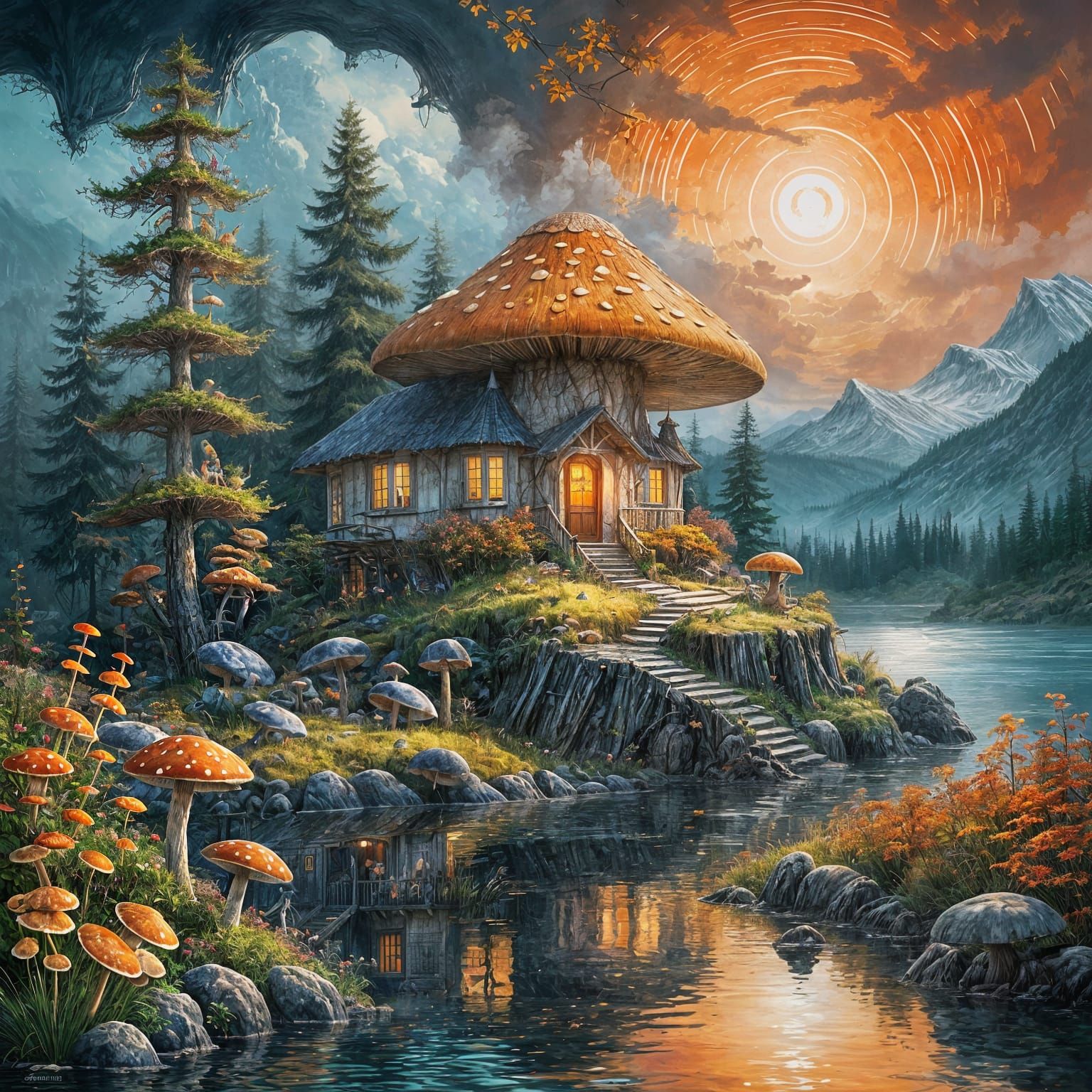 Fantasy World with Mushroom Dwelling in Warm Light