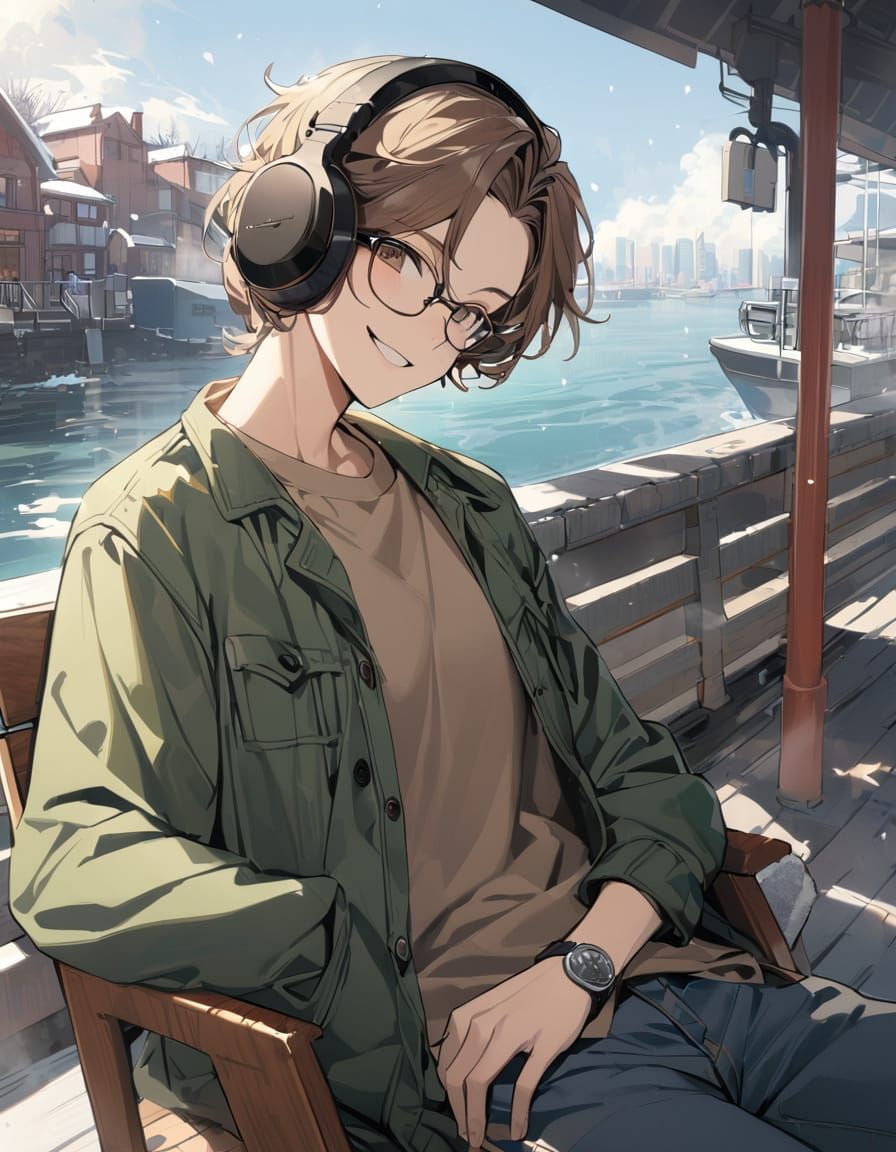 Modern Winter Harbour Scene with a Relaxed Young Man