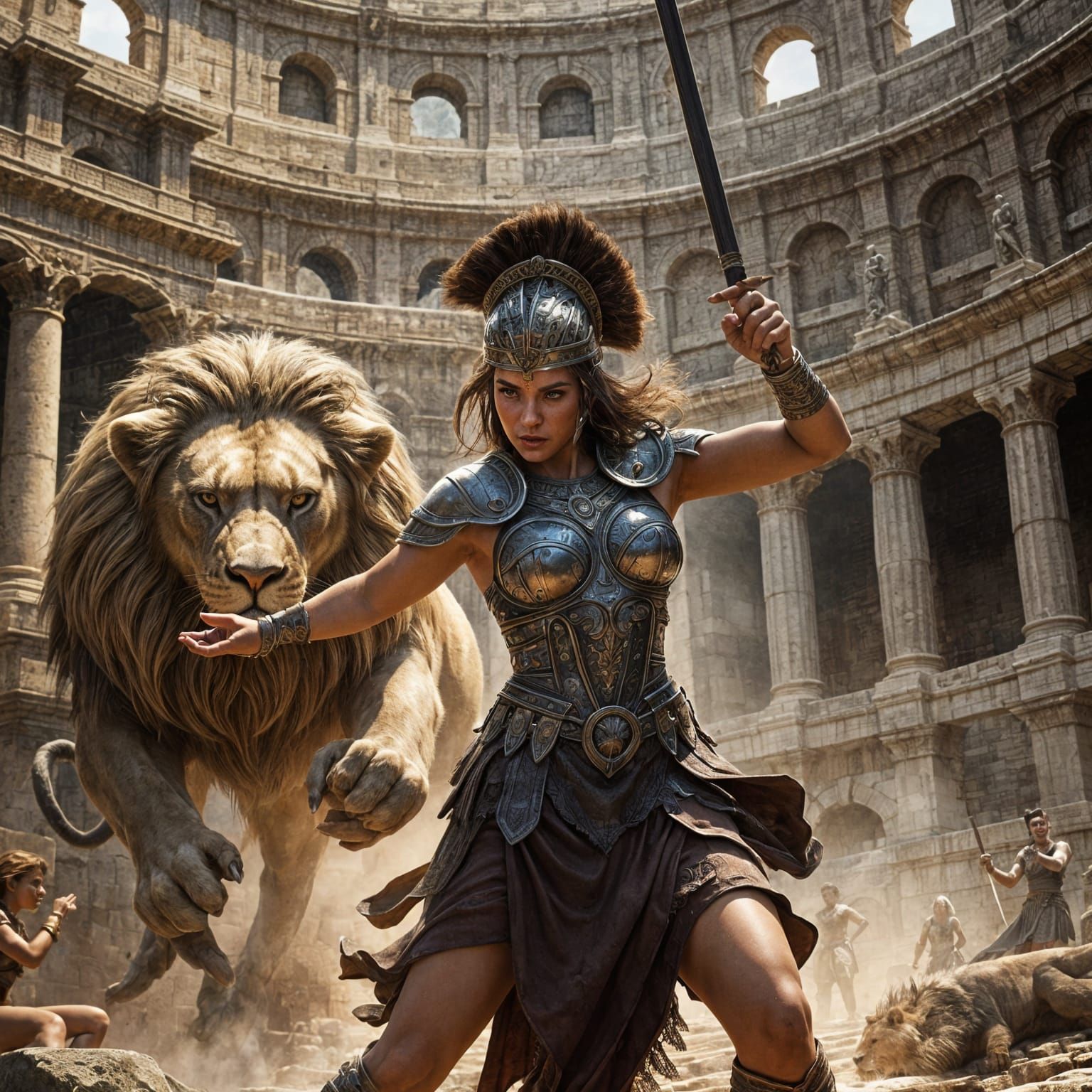 Female Gladiator Battles Lion in Colosseum