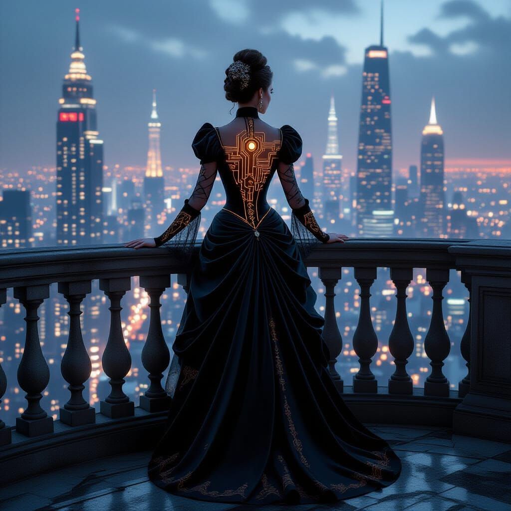 Victorian Noblewoman in Cyberpunk Cityscape