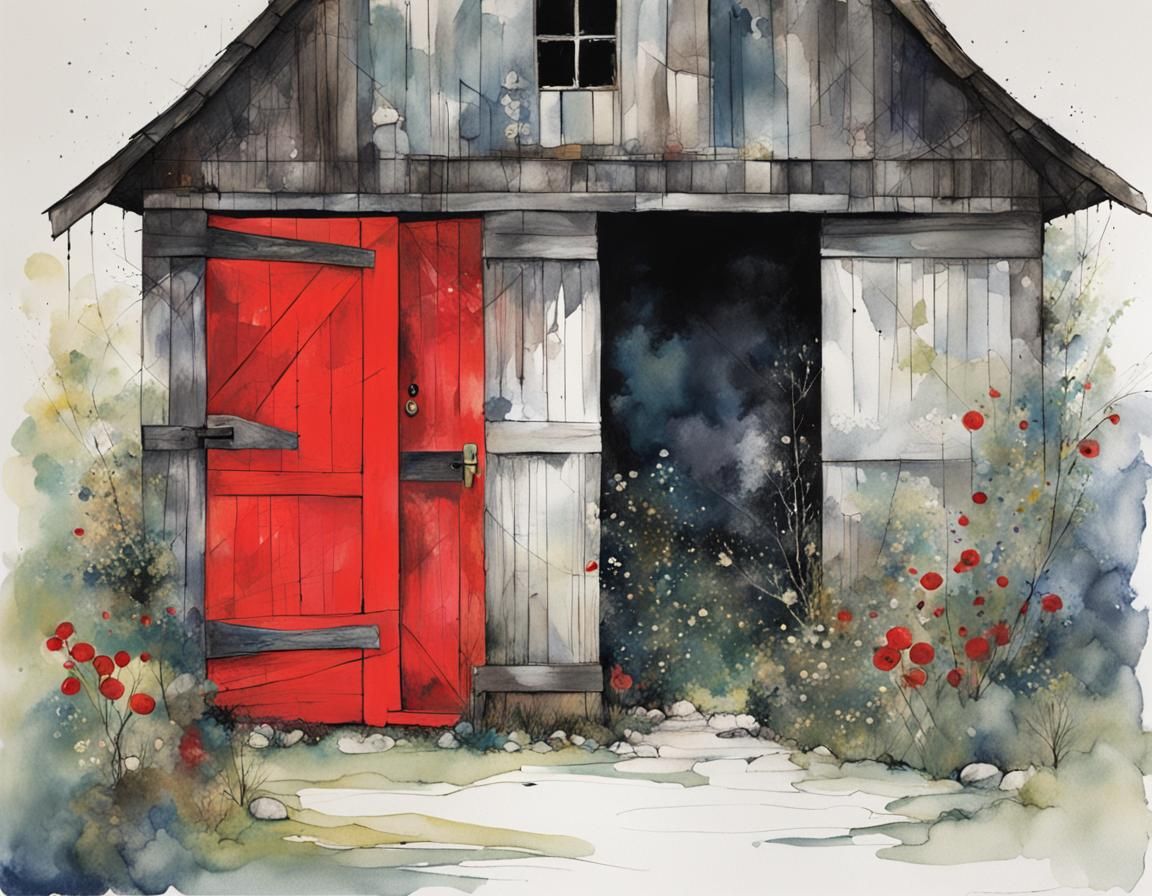 Barn with Red Door, Golden Age Illustration