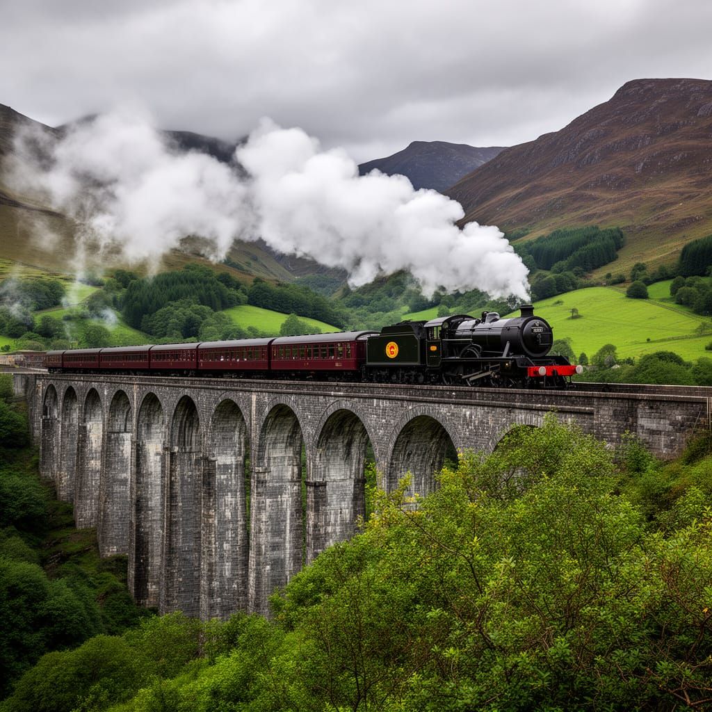 Vintage Steam Train on Stone Viaduct in Mountain Landscape