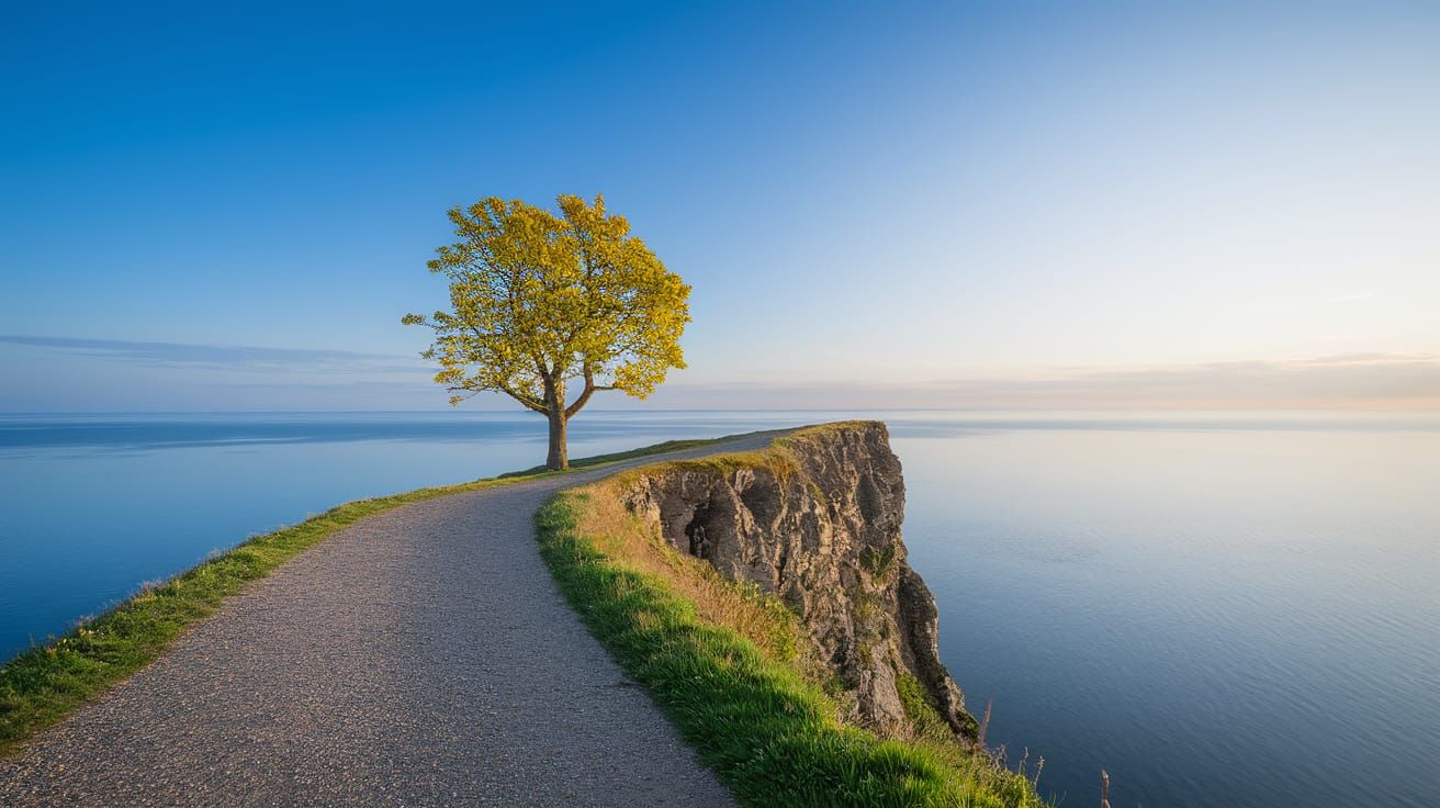 Serene Cliffside Scene with Bright Yellow Tree