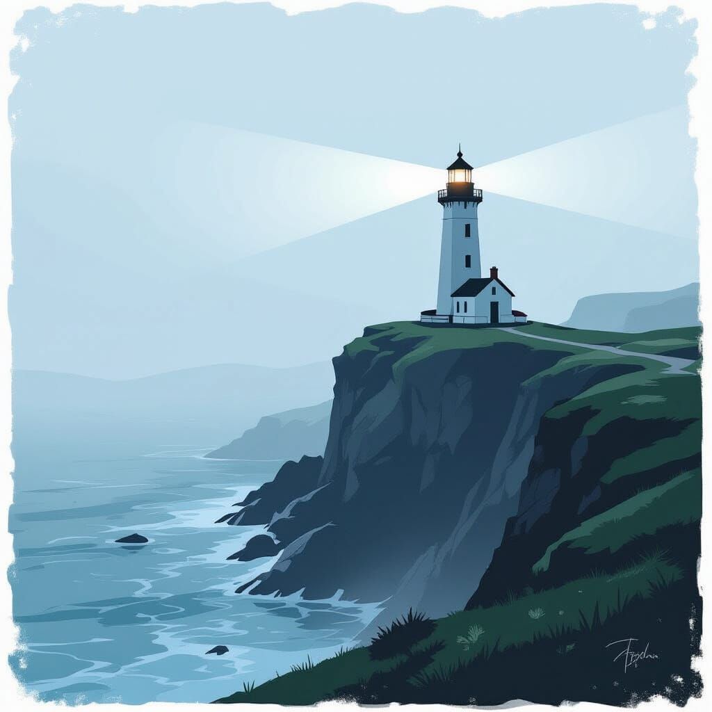 Lighthouse Beam Pierces Ethereal Fog on Jagged Cliffs