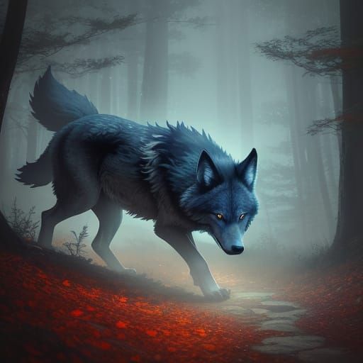 Wolf in a Misty Autumn Forest