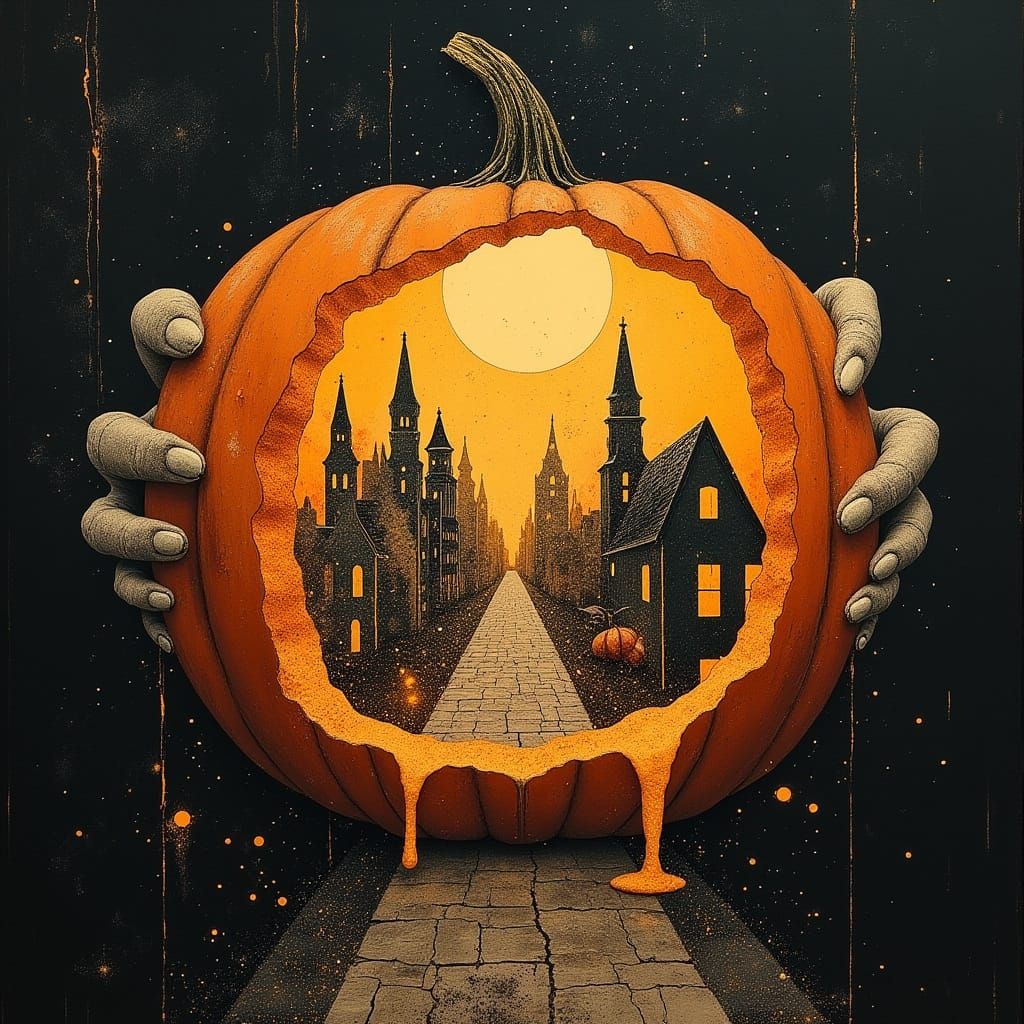 Halloween Pumpkin City Scene With Sinister Clown Hands