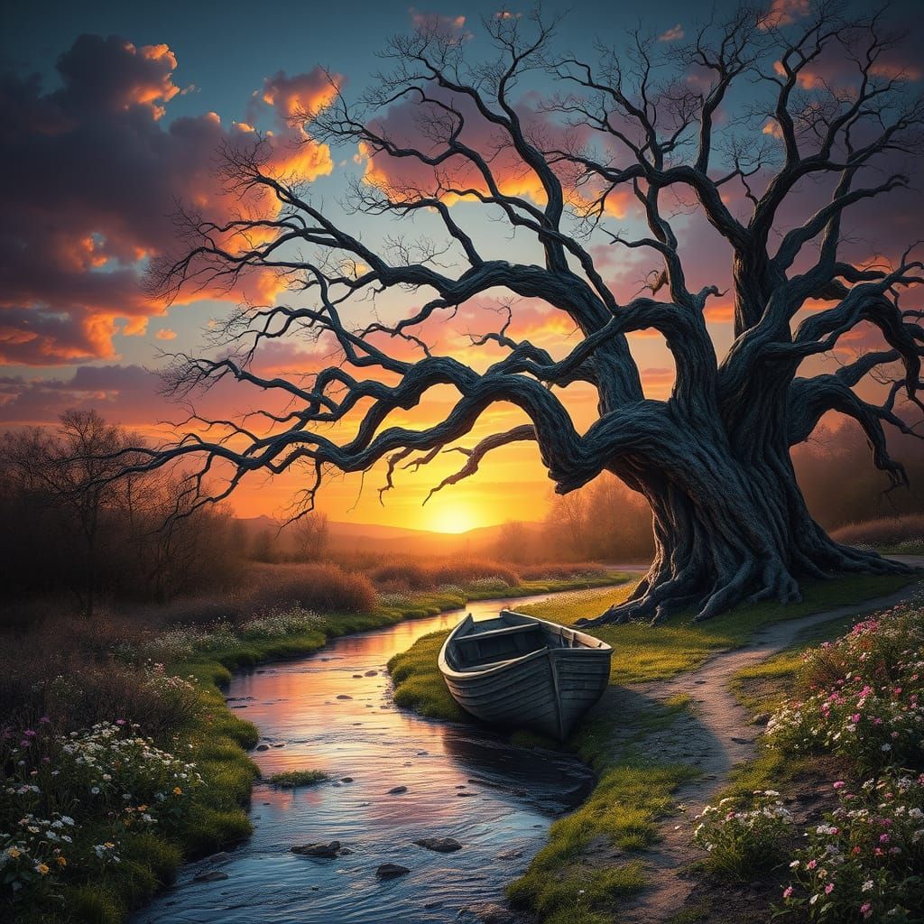 Majestic Gnarled Tree Beside Serpentine Stream