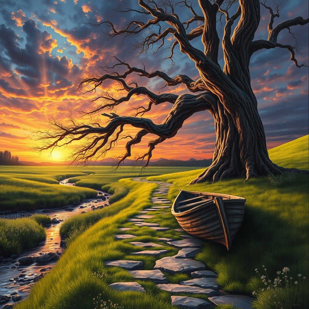 Ethereal Landscape of a Gnarled Tree in a Dreamlike World