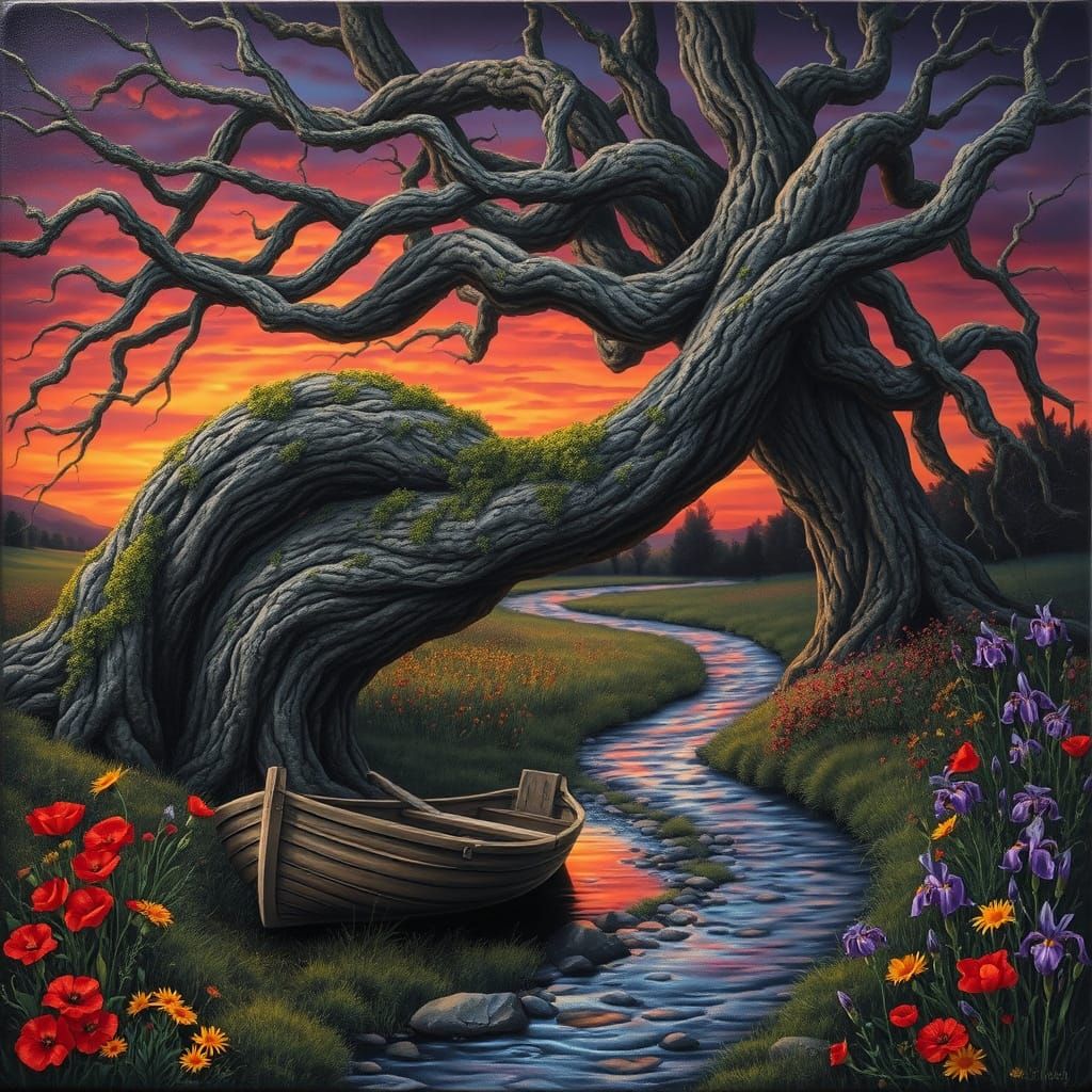 Twisted Tree Majestic Over a Serene Stream Scene in Dreamlik...