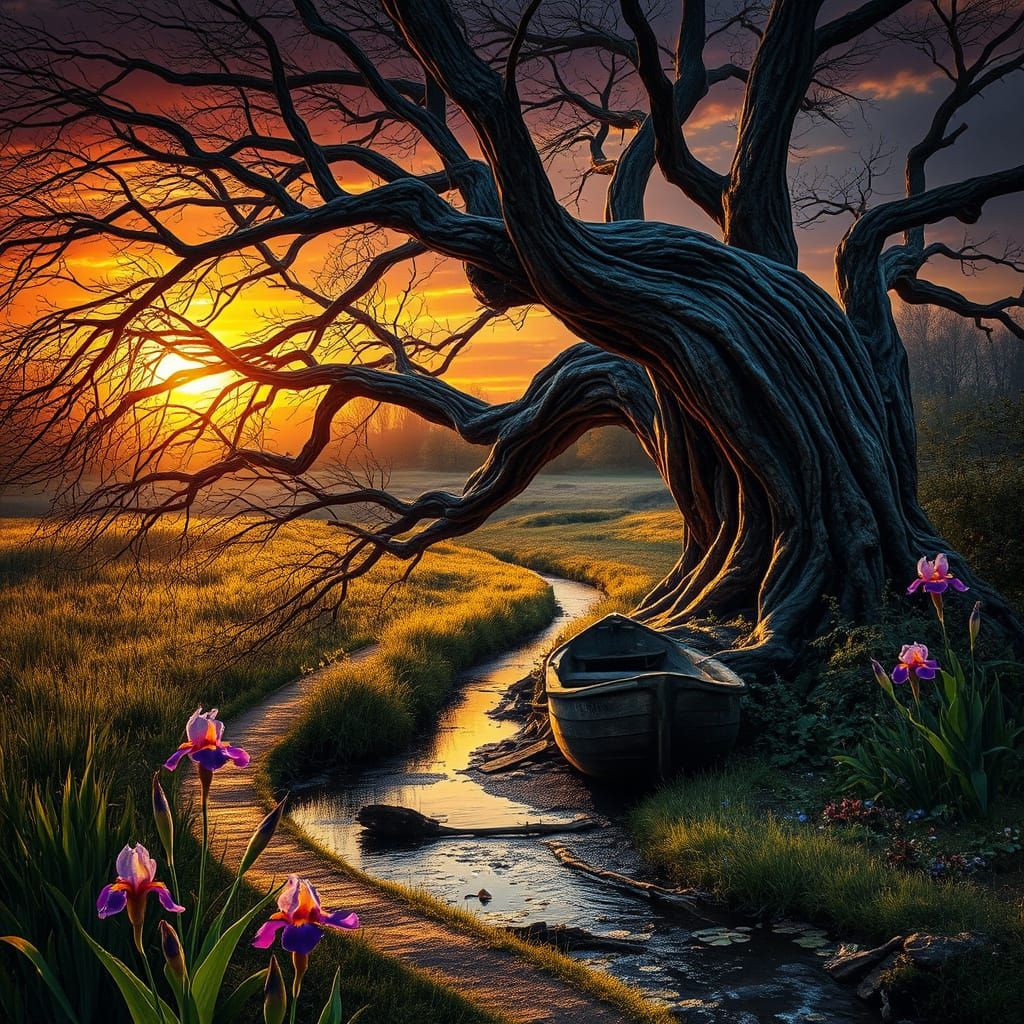 Elegant Tree Beside a Serene Stream in a Vibrant Sunset