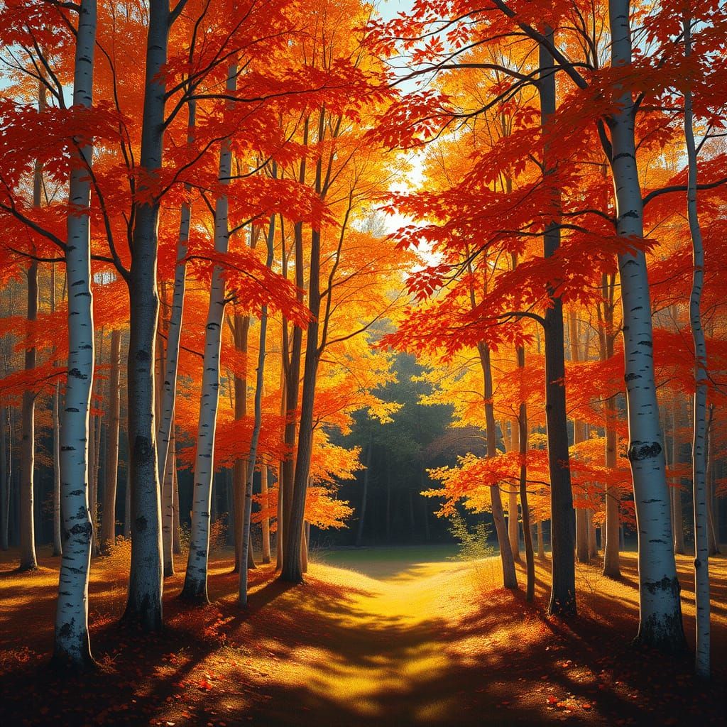 Vibrant Autumn Birch Trees in Golden Light Painting