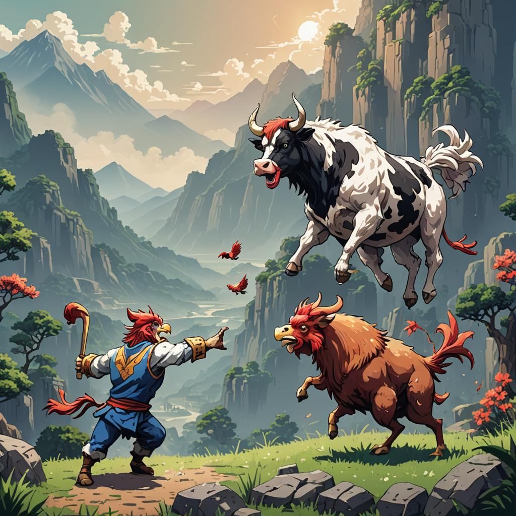 Cow vs Rooster: Pixel Art 2D Fight Scene