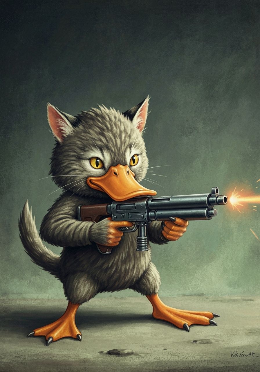 Surreal Duck-Cat Hybrid Wielding Minigun in Cubist Style