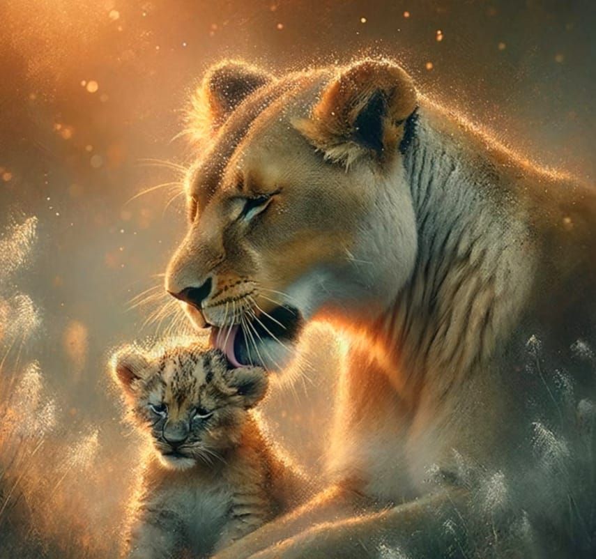 Romantic Realism Mother Lioness Grooming Her Cub