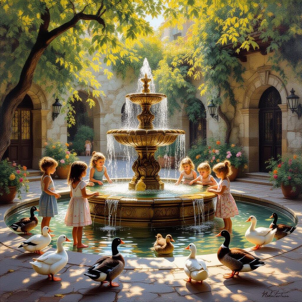 Children Play in Courtyard with Geese and Fountain, Rembrand...