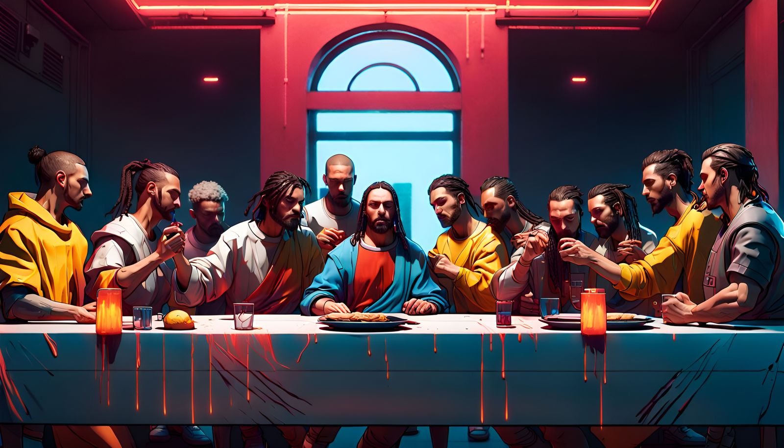 Cyberpunk Last Supper: Hyperrealistic Splash Art