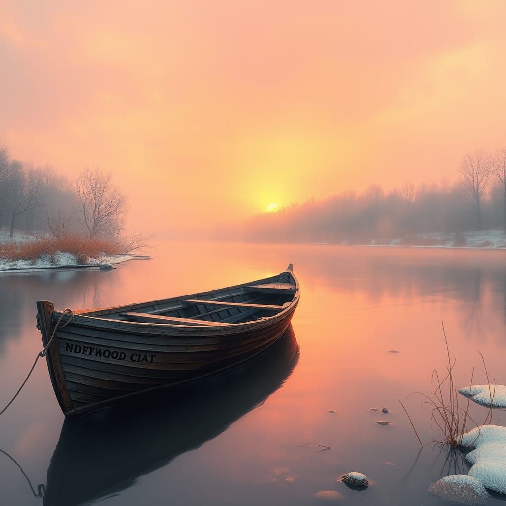 Weathered Wooden Boat Drifts on Misty River