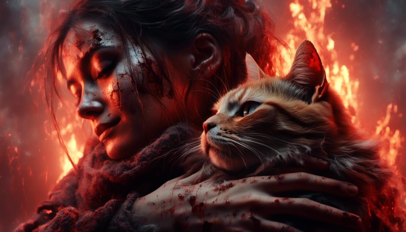 Woman and Cat in Apocalyptic Darkness