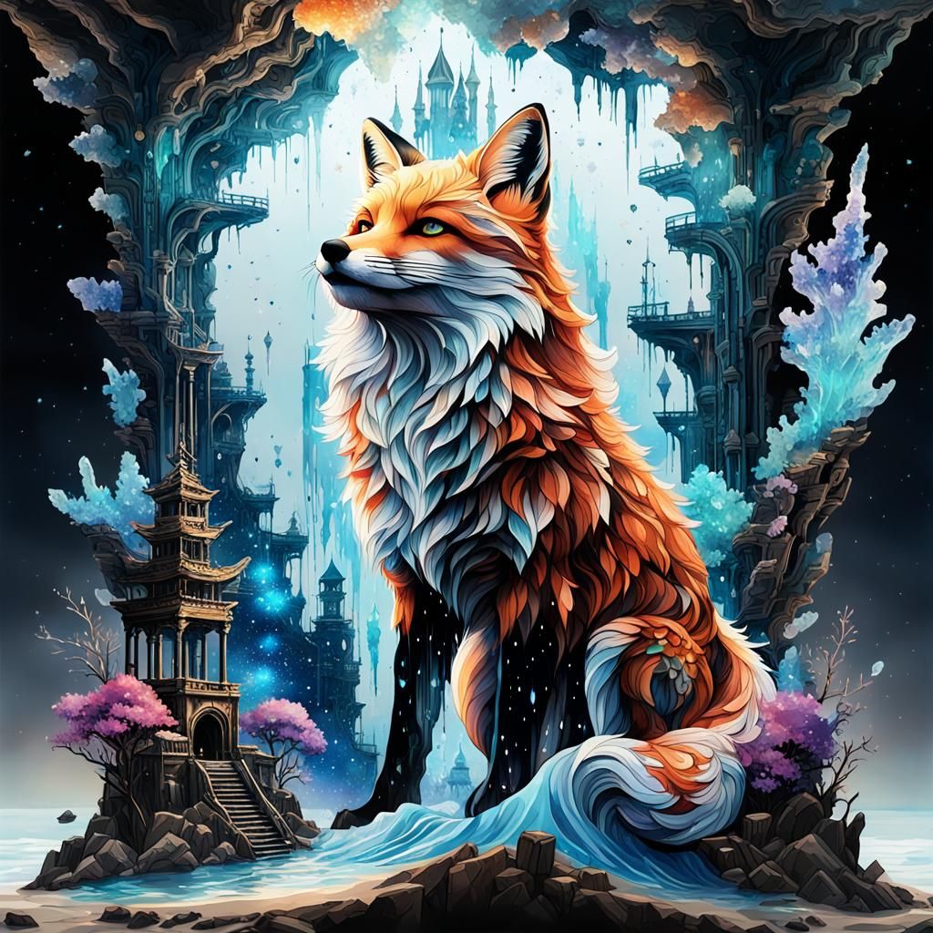 Fox Silhouette Merged with Galaxy, Digital Art