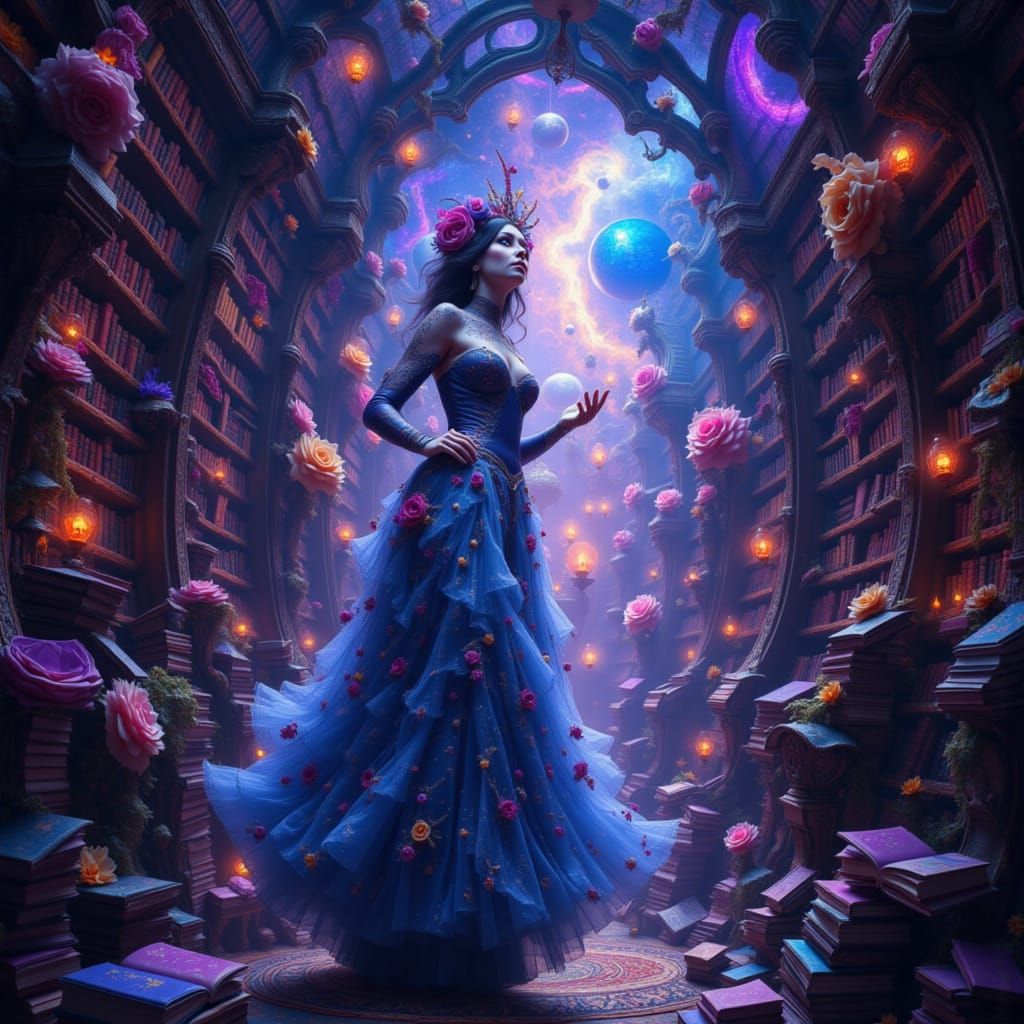 Cosmic Librarian in Stardust Library, Mystical Style
