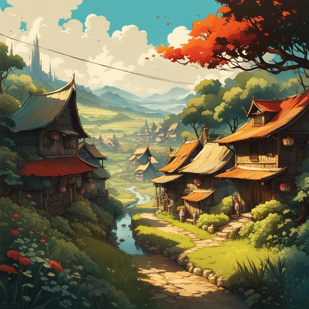 Lush Village Scene in Deep Color