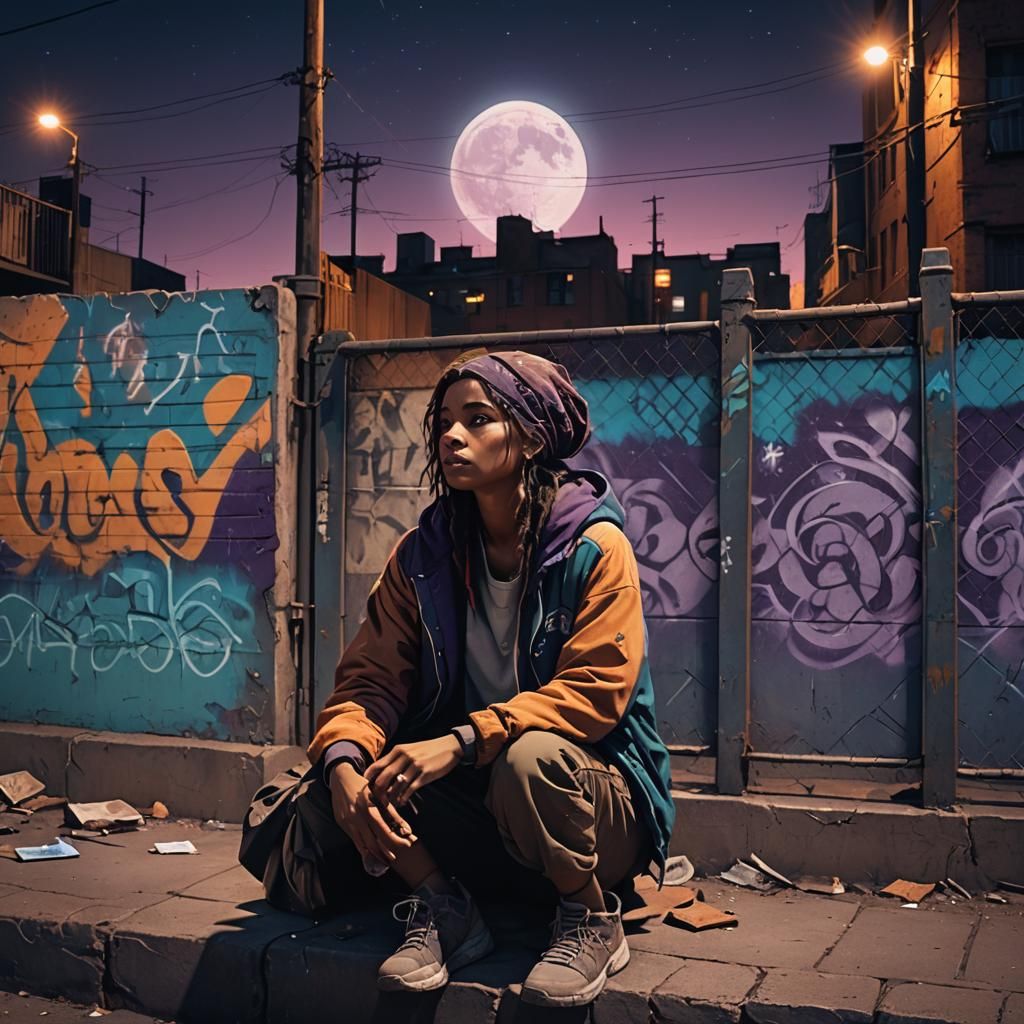 Homeless Girl in Moonlit Graffiti Alley: Digital Art