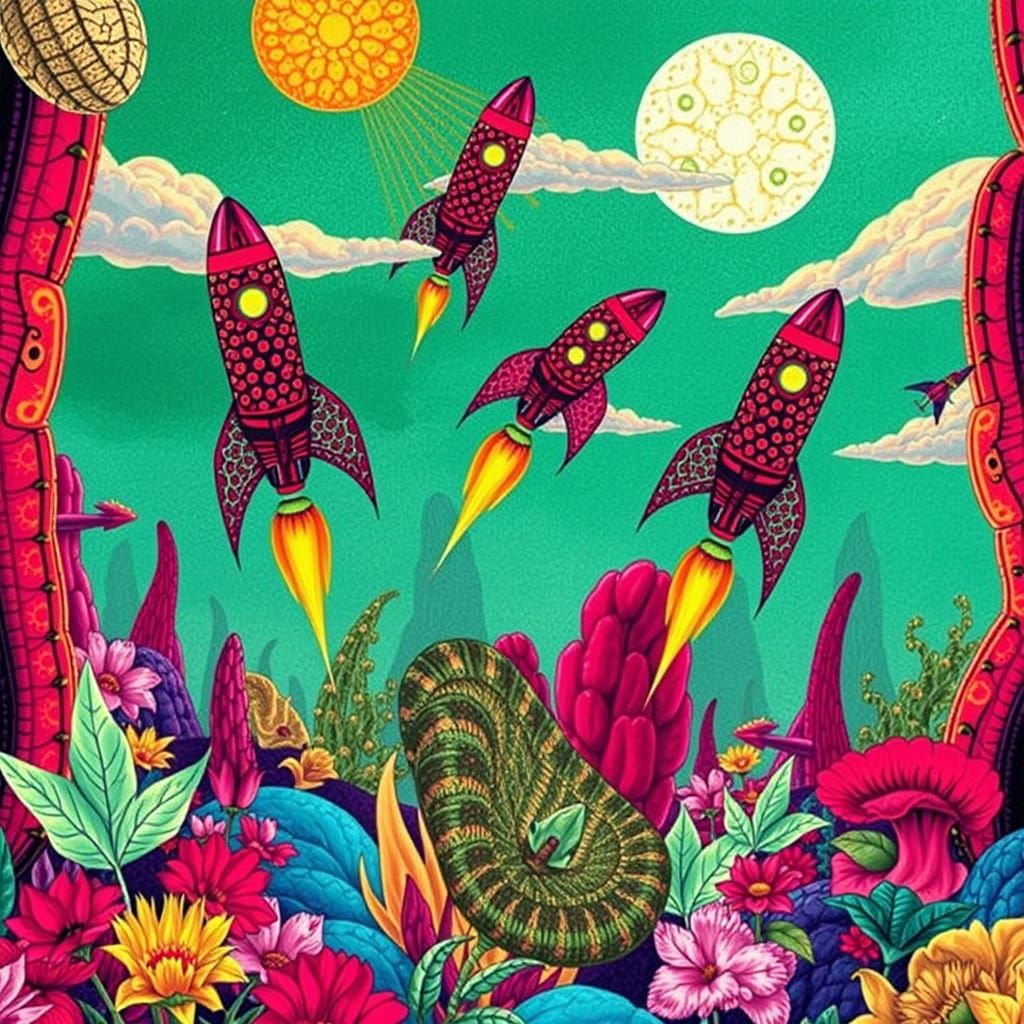 Retro Rocket Ships Soaring Through Fantasy Plant Kingdom