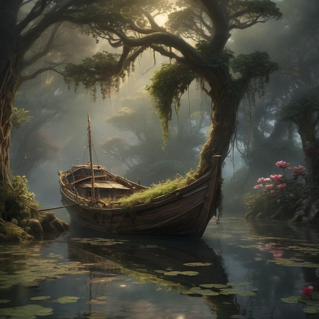 Living Tree Boat with Water Lilies in Ethereal Style