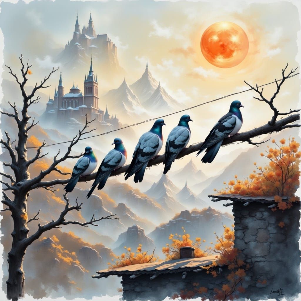 <lora:My pets:1.0> Doves sitting on a telephone wire. Background watercolor ink cityscape