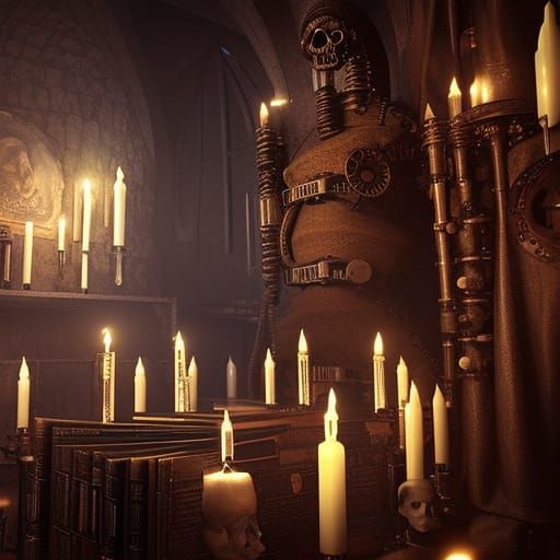 Eerie Crystal Skull in Steampunk Shrine