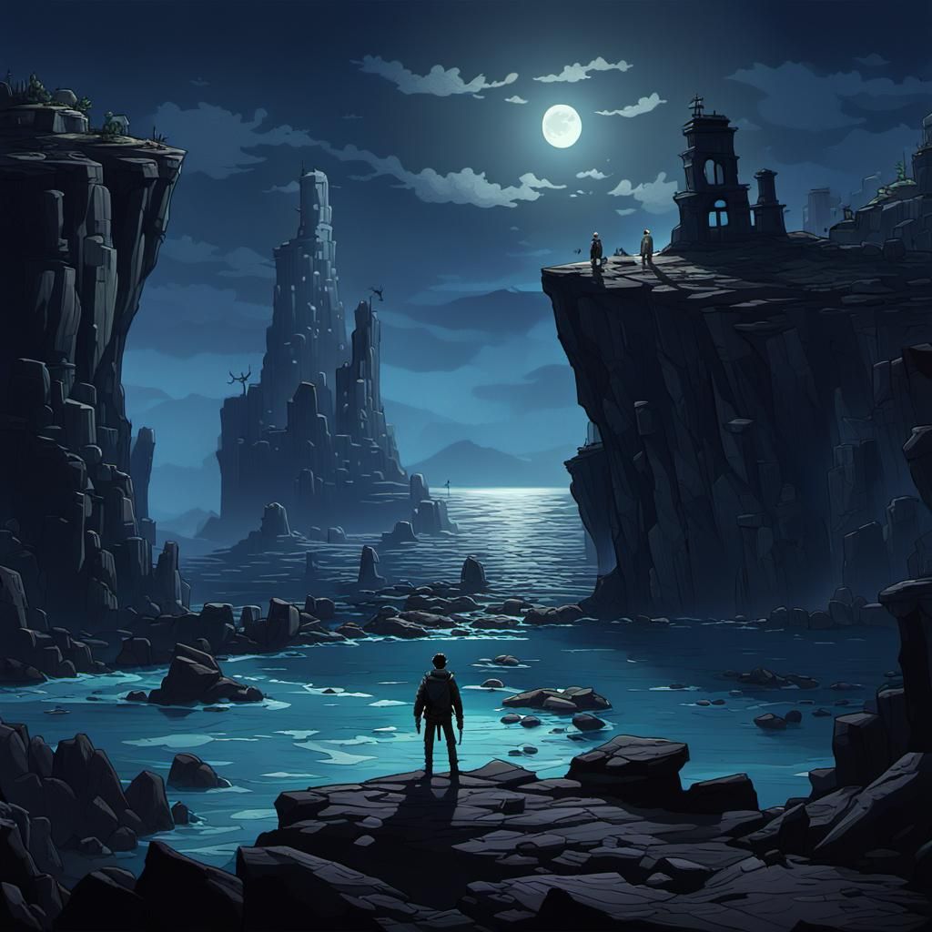 Foreboding Island with Ruins in Pixar Style