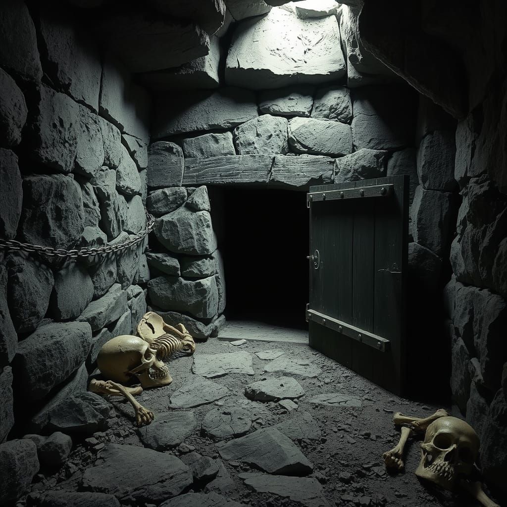 Grimdark Dungeon with Skeletal Remains and Open Door